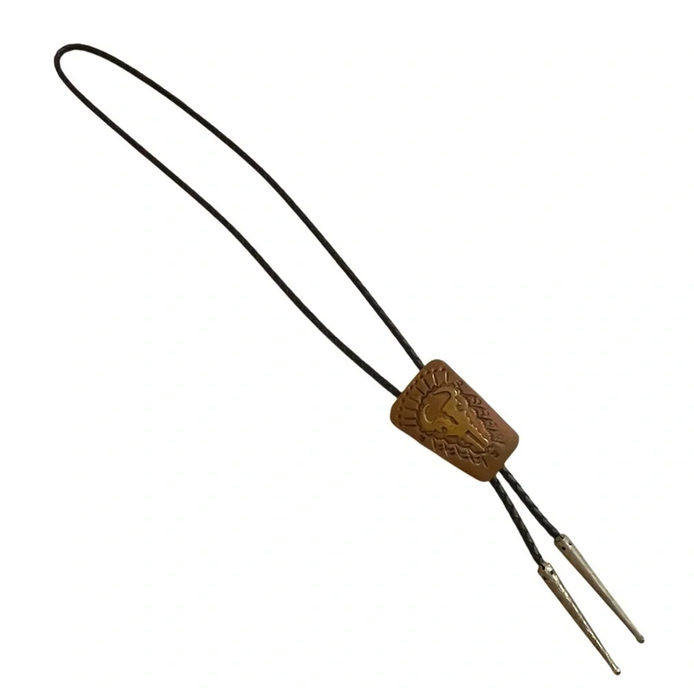 Vintage Western Leather Bolo Tie Skull Design Handmade Ranch Style Cowboy